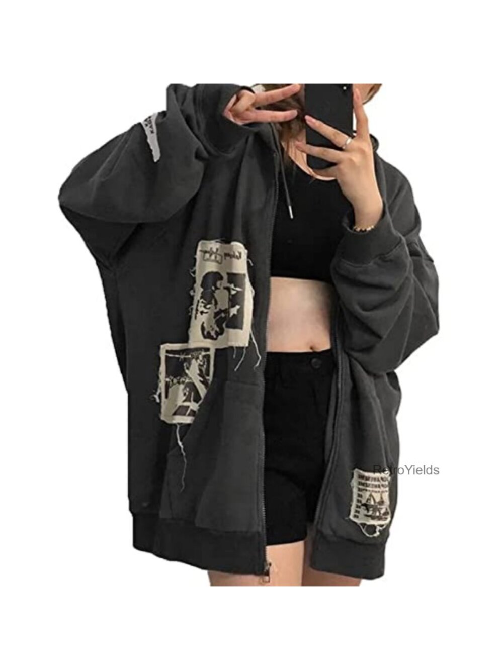 Oversized Rhinstone Grunge Hoodie Y2K Gothic Zip Up Streetwear Jacket